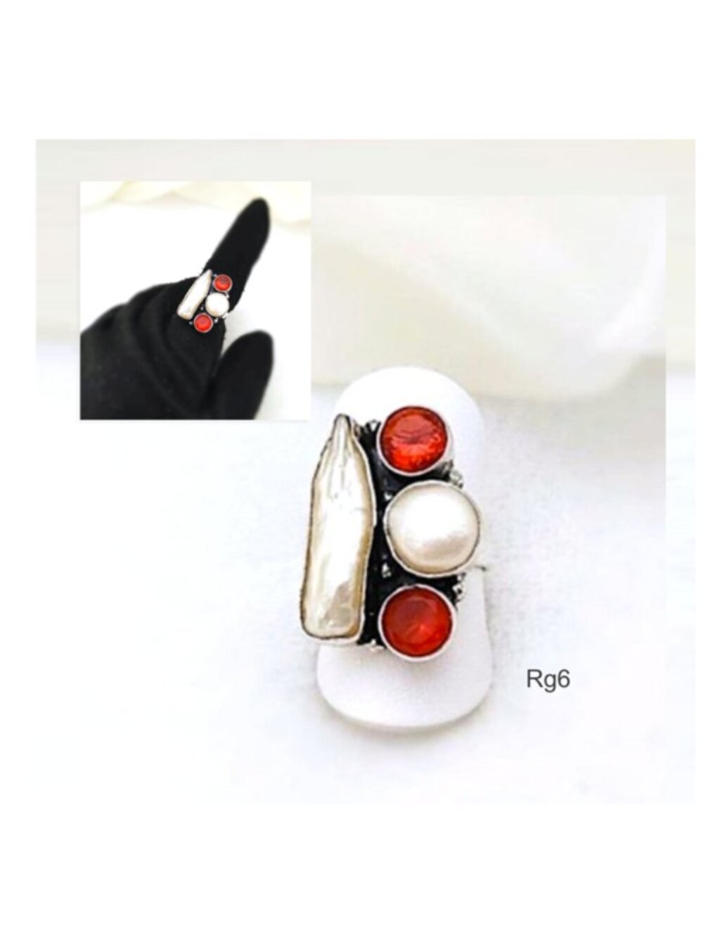 Ring White Biwa Pearl+Red Garnet Gems 925 Silver